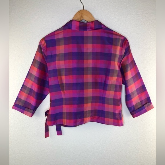 CLIO Vintage Retro 100% Silk Tartan Wrap Top Purple, Pink Size: Small - Picture 2 of 10
